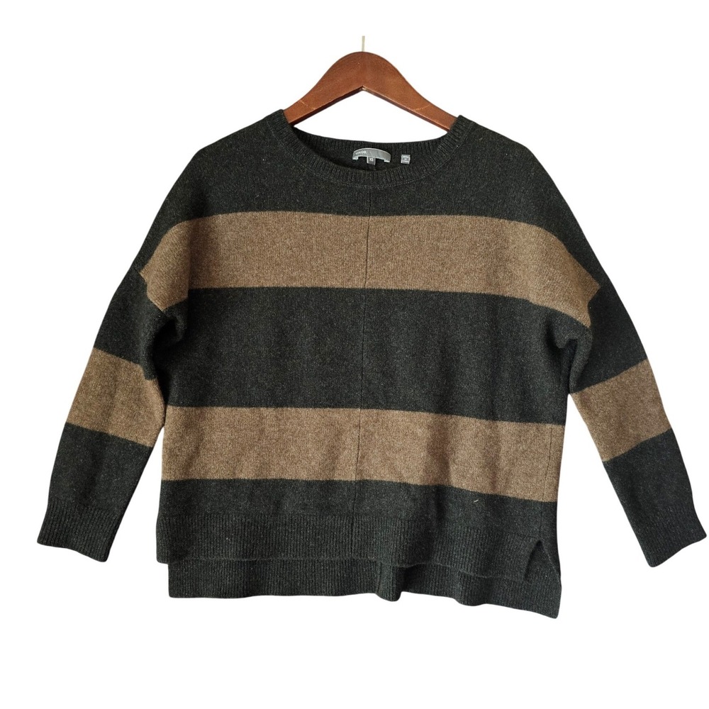 Vince Striped Wool Cashmere Blend Boxy Crew Neck Sweater Charcoal Brown XS